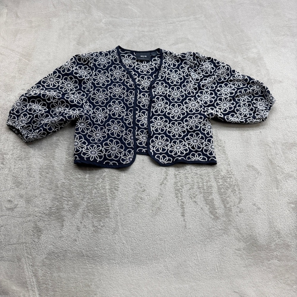 Maeve Bolero Jacket Women One Size Navy Blue Floral Embroidered Puff Sleeve Chic